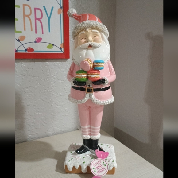 Santa Serving Macaroons Christmas Cookies Pink Pastel  Peppermint Square - Picture 1 of 6